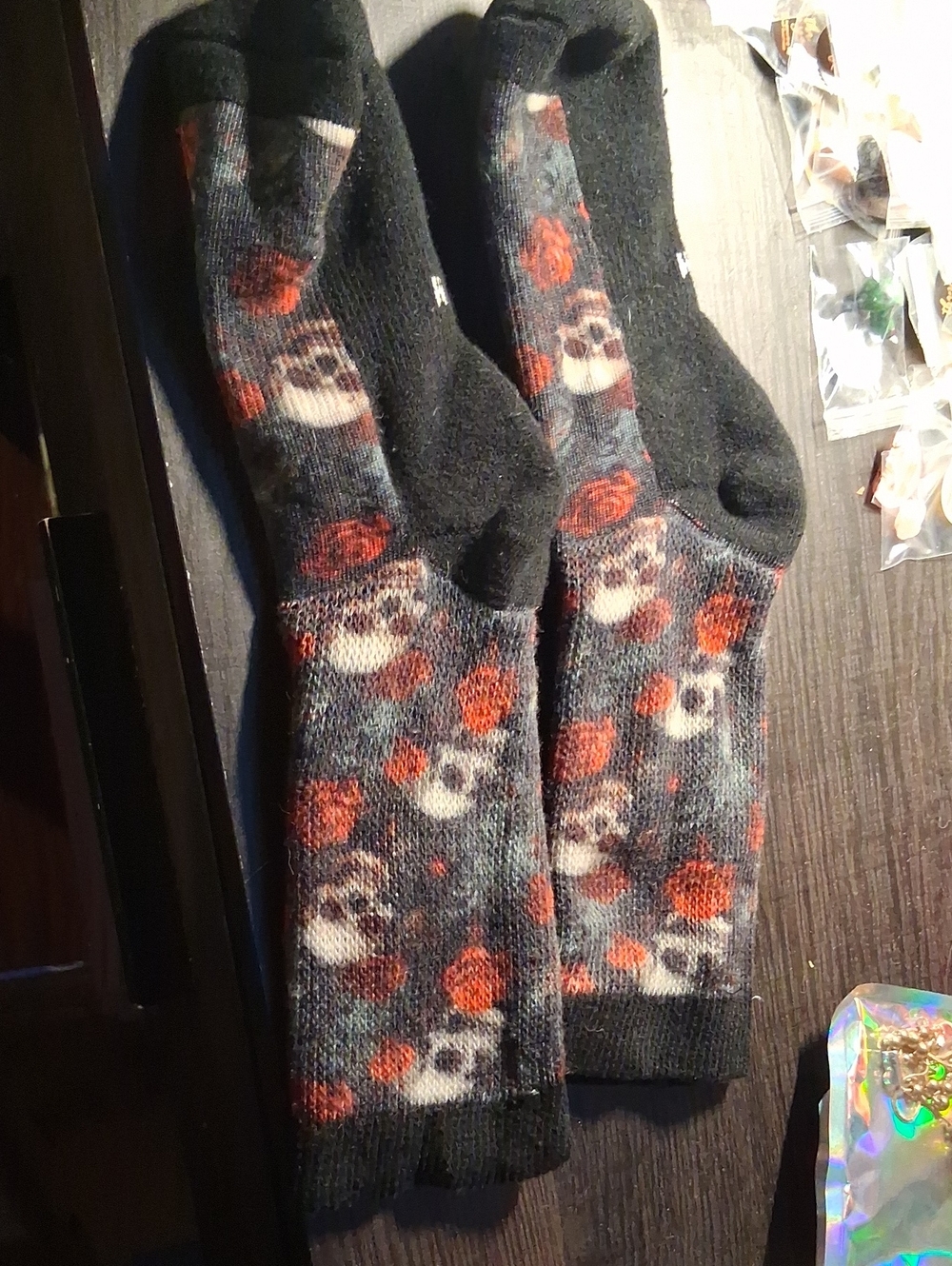 & Other Stories Black Crew Socks with Red and Gray Floral Motif